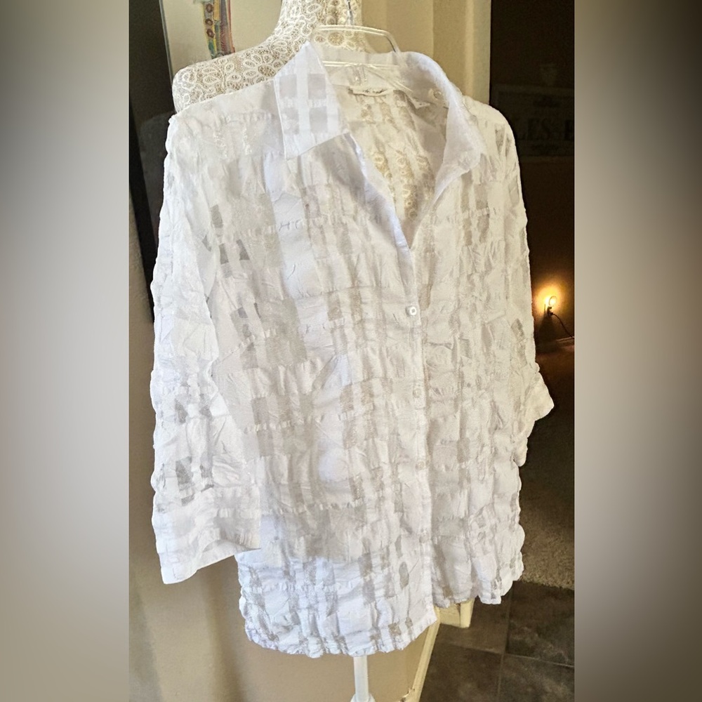 Marsh Landing White Modernist Burnout Gauze Funky Art-to-Wear Button Down Sz L - Picture 2 of 11